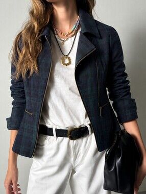 CAbi Tartan Navy Plaid Peplum Jacket